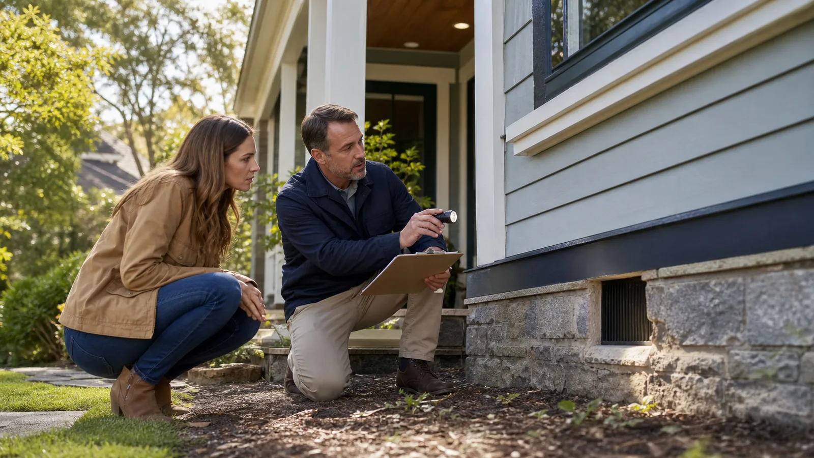 A home buyer and professional inspector examining a residential property