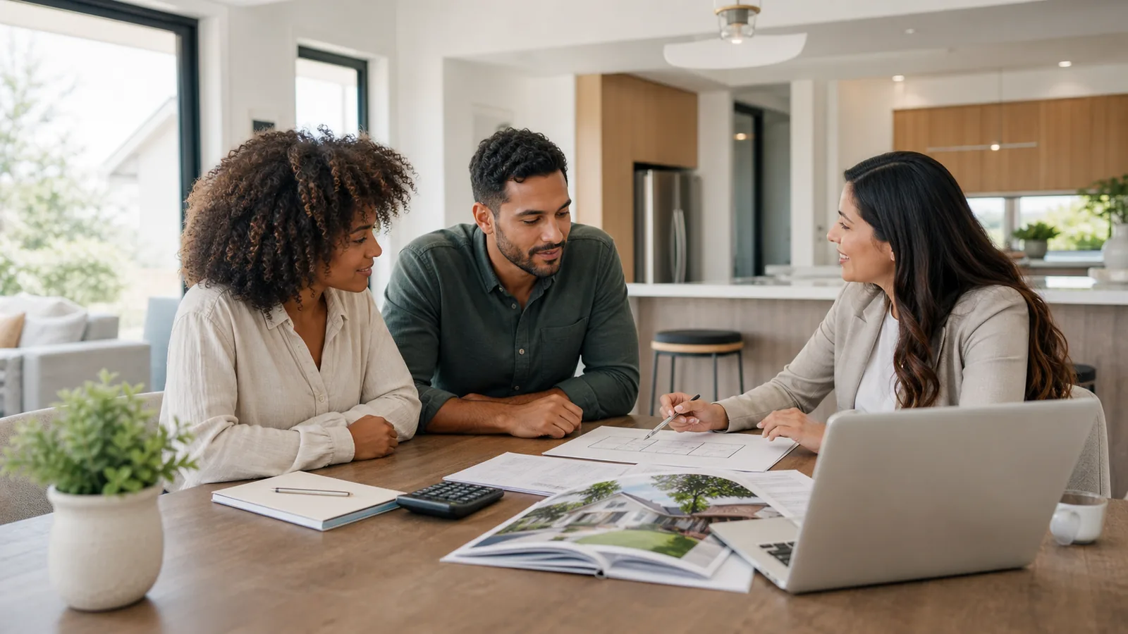 Home buyers reviewing financing and purchase plans with a real estate professional