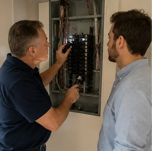 A home buyer and professional inspector examining a residential property