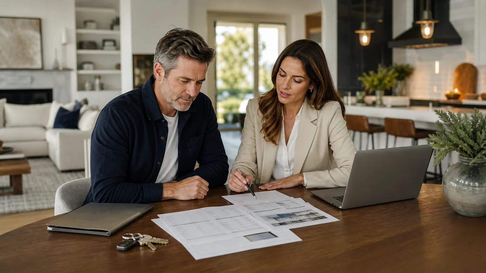 A home seller and real estate professional comparing offers and closing documents