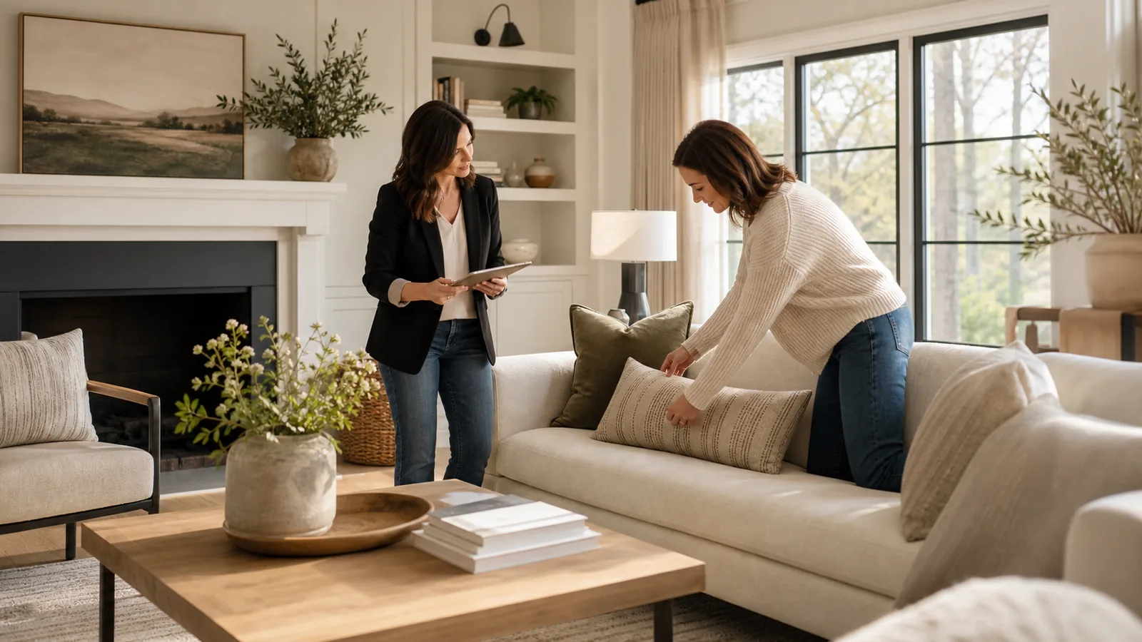 A home seller and real estate professional preparing a living room for market